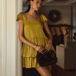 Scoop olive dust satin bow shoulder tiered mini dress large( 12-14) NWT